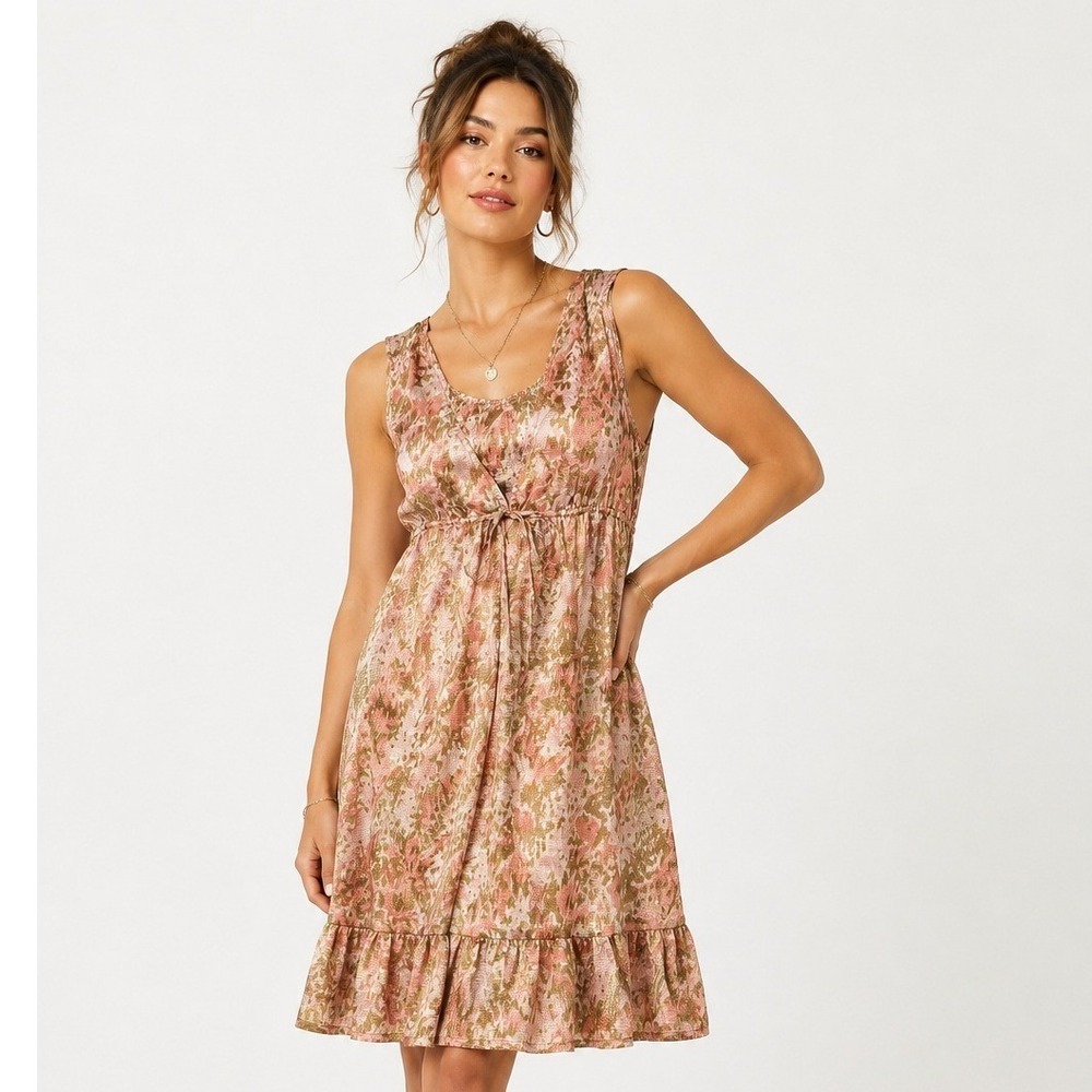 Talbots Women Pink Green Floral Metallic Jacquard Empire Waist Ruffle Dress 2P‎